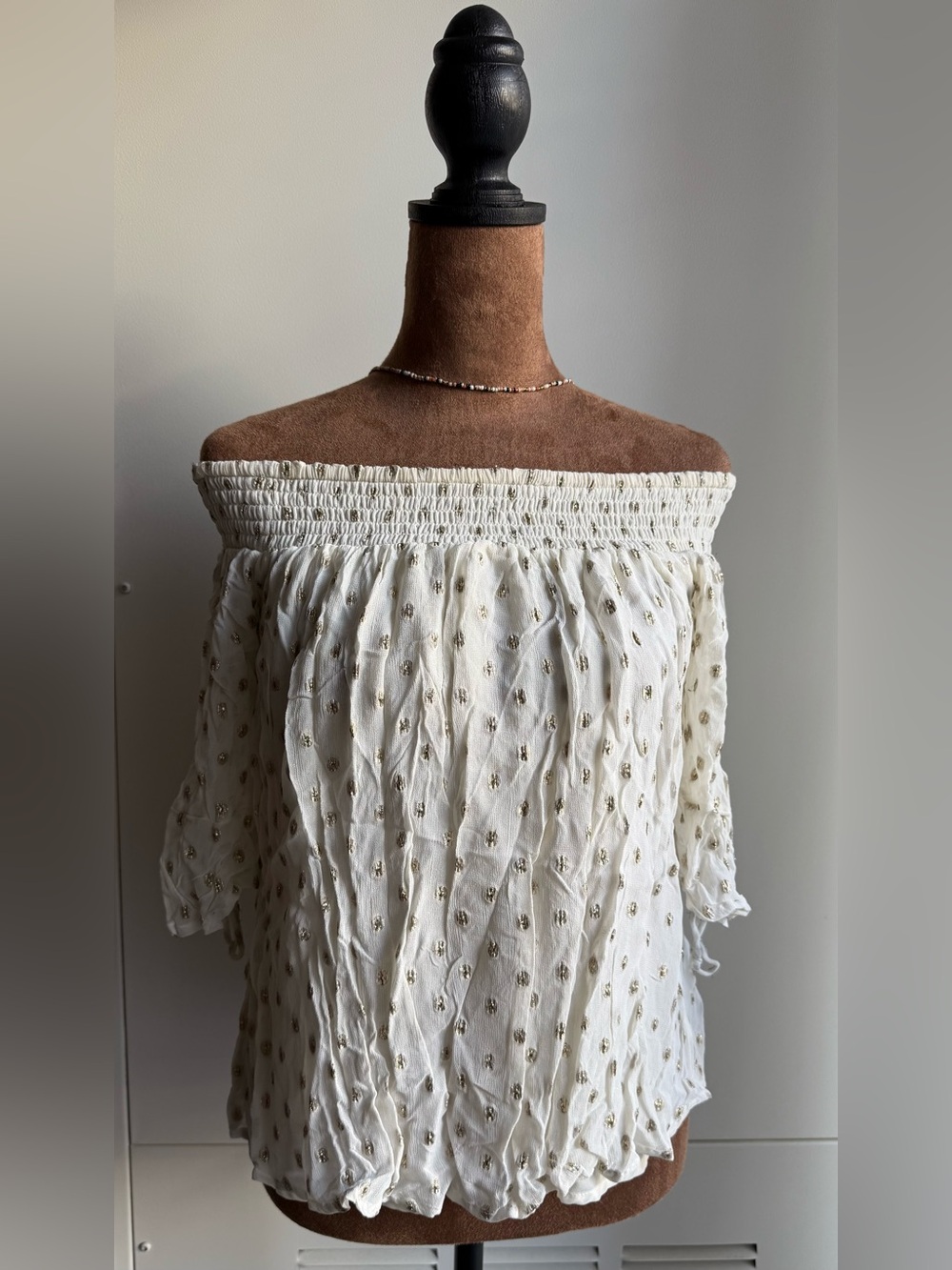 Abercrombie & Fitch White Off-Shoulder Smocked Blouse with Gold Dot Accents